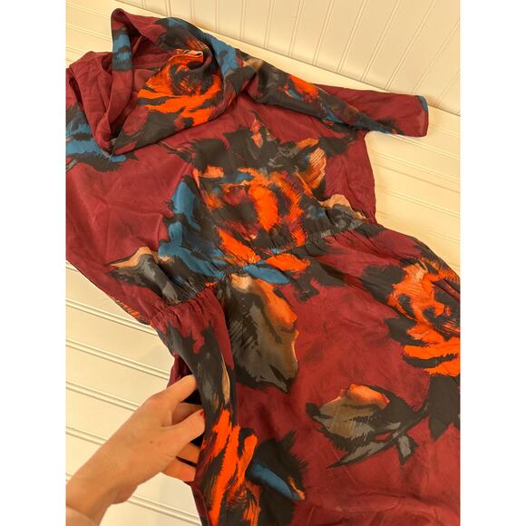 Kenneth Cole Silk Mini Dress Maroon Geometric Floral Vintage Styled Boho Size L - Picture 7 of 7